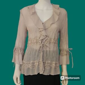 Vintage JAIPUR Ecru Ruffle Lace Sheer Button Down Fairycore Castlecore Shirt